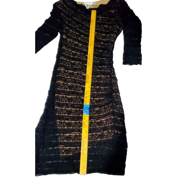 Studio M Black Lace Bodycon Dress – Nude Lining, Asymmetrical Scoop Neck, Size L - Picture 10 of 13
